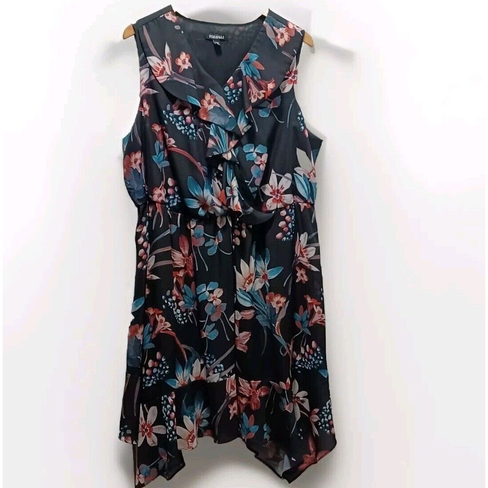 Roz Ali Black Floral Print Ruffle V-neck Dress Women's Size 20